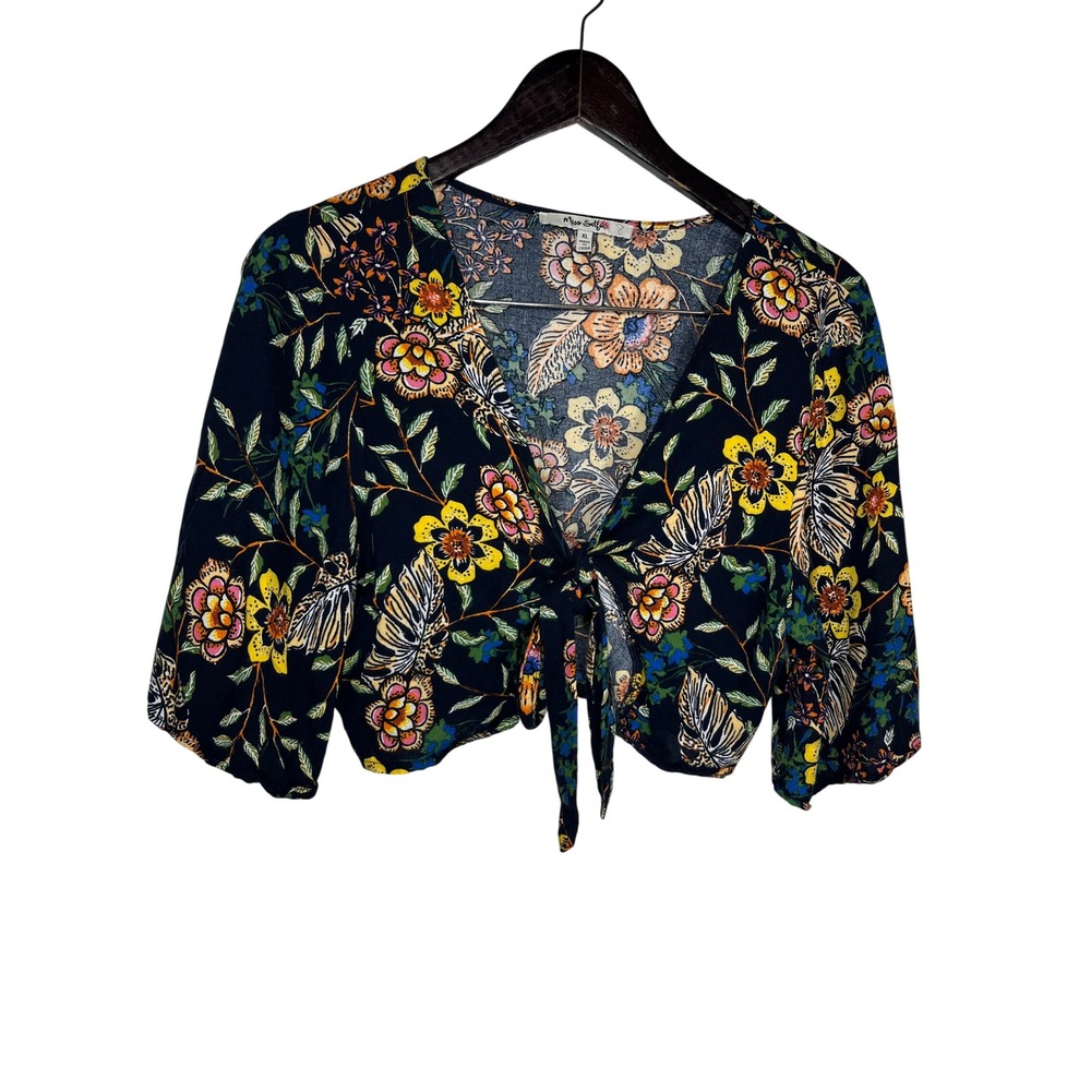 Miss Selfie Crop Top XL Black Floral Butterfly Front Tie Wide Sleeve Rayon Boho